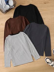 SHEIN 青少年男孩條紋拼接圓領長袖時尚休閒T恤 4件/組 - 彩色 - 查看 2