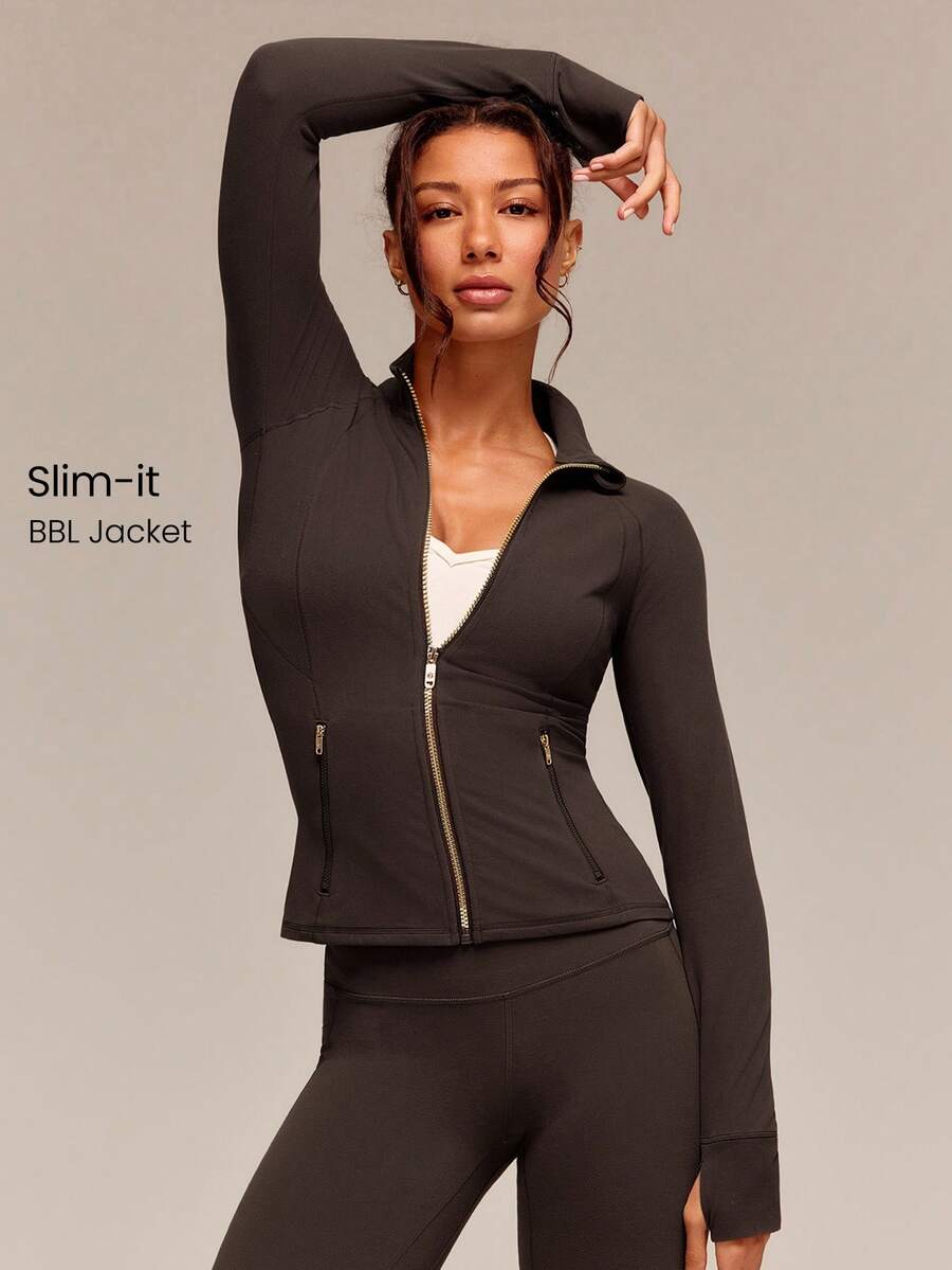 GLOWMODE FeatherFit™ Slim-It 修身流線性能夾克,附安全口袋、拉鍊開襟、長袖,低強度瑜伽皮拉提斯日常春夏季穿搭 - 棕色 - 查看 1