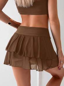 SHEIN Swim Vestido de baño tipo falda-pantalón de doble capa con volantes de unicolor para mujer, de verano y playa - Marrón - Ver 5