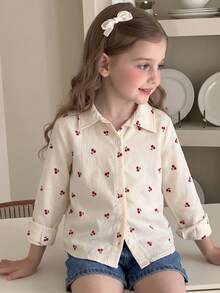 SHEIN Genkimix Kids Young Girls Print, Fresh And Lightweight Design, Girls Shirt, Lapel Long Sleeve Loose Casual Shirt,Spring And Autumn Casual Shirt Back To School - Apricot - View 4