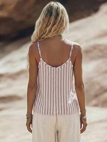 EMERY ROSE Women's Woven Casual Striped Summer Beach-Style Halter Top - Khaki - View 2