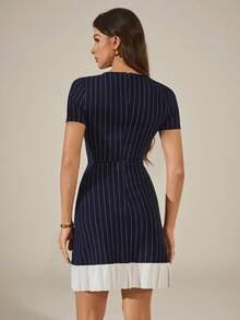 SHEIN Tall 2026 Spring/Summer Vacation Collection: New Blue Striped Round Neck Pleated Patchwork Mini Dress. This Sexy Dress Is Perfect For Wearing At Home - Blue - View 2