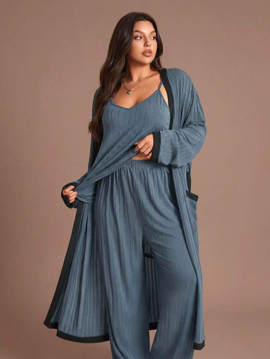 Lazeform Conjunto de camiseta de tirantes, pantalones y bata con cinturón en talla grande, ropa, conjunto cómodo para otoño e invierno - Neblina azul - Ver 1