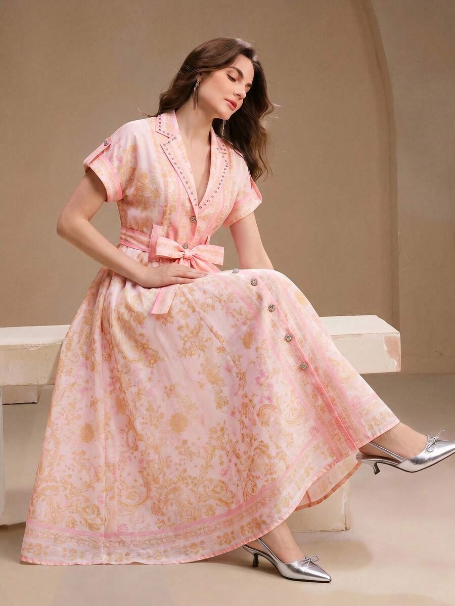 Anewsta 春夏优雅浅绿色V领短袖系腰中长波西米亚风度假连衣裙(女款) - 粉色 - 查看 1