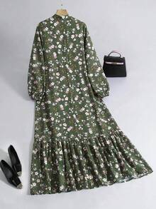 Al Najma Women's Floral Long Sleeve Ruffle Hem Elegant Arabian Dress - Multicolor - View 7