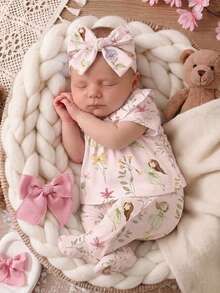 SHEIN Set 3 pcs Pakaian Rumahan Bayi Baru Lahir Warna Pink Manis Lucu Motif Bunga Atasan Lengan Pendek dan Celana Panjang Terusan - Berwarna merah muda - View 3