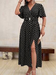 Vionelle Plus Size Women's Fashionable Long Allover Print Dress With Ruffled Short Sleeves, Side Slit And - Black - View 5