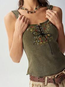 Bohemela Débardeur tricoté unicolore décontracté d'été pour femmes avec broderie vintage, plage/vacances/festival/quotidien, Juneteenth - Vert - Voir 4