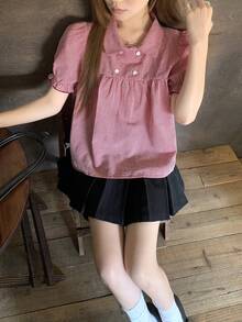 DAZY 女款格紋領清新韓風滿版印花襯衫 夏季校園風 - 紅色 - 查看 4