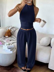 SHEIN EZwear 女款純色掛脖露背上衣與長褲時尚極簡休閒套裝 度假居家穿搭 海軍藍 夏季 - 藏蓝色 - 查看 2