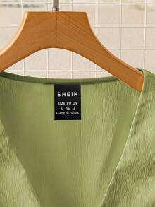 SHEIN PariChic Women's Sweet French Style Cap Sleeve V-Neck Cropped Ruffle Hem Tie Front Blouse, Spring/Summer - Green - View 6