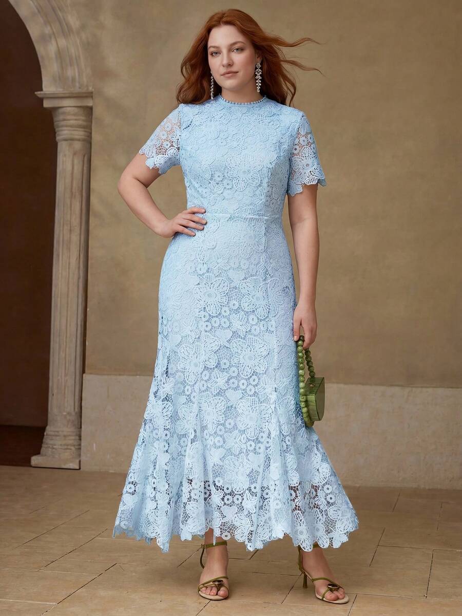 MOTF PREMIUM WOMEN PLUS ELEGANT LACE MIDI DRESS - Baby Blue - View 2