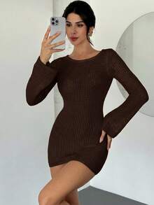 Firerie 女款春夏優雅性感極簡時尚辣妹海灘度假露背繫帶喇叭長袖針織透視白色迷你毛衣洋裝 - 棕色 - 查看 11