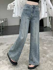 DAZY Women's Loose Casual Denim Jeans With Pocket And Rhinestone Decoration Cute Tops - Dusty Blue - View 3
