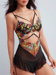 Elorette Elegant Retro Colorful Embroidery Backless Mesh Ruffle Hem Sexy Women Lingerie Jumpsuit - Black - View 3
