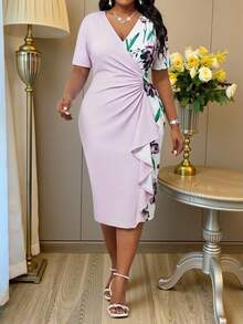 SHEIN Lady Lavender Floral Summer Elegant Wedding Guest Cocktail Formal Evening Retro V Neck Rhinestone Ruffle Slim Plus Size Dress, Prom Party - Multicolor - View 6