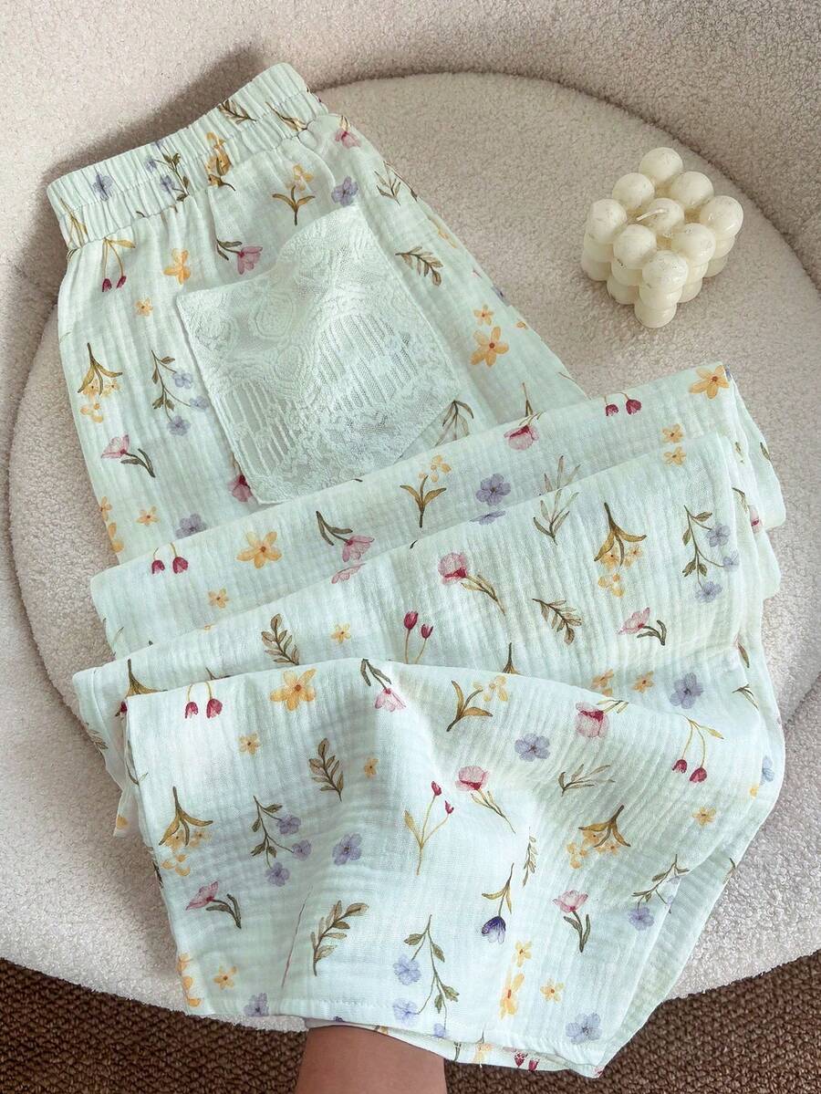 GlowEve 女款白色休閒蕾絲拼接印花寬腿褲,夏季風格 - 綠色 - 查看 1