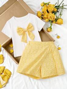 SHEIN Sparklyn 2件裝少女短袖T恤與上衣套裝，夏季穿搭，度假風，時尚基本款，甜美酷女孩風，梭織提花 - 彩色 - 查看 3