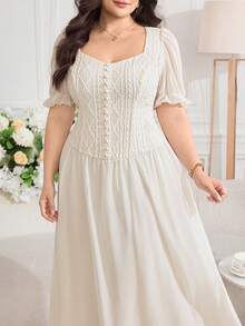 Modelyn Plus Size Women's Geometric Textured Short Puff Sleeve Elegant Dress Wedding Guest White Summer - Apricot - View 3