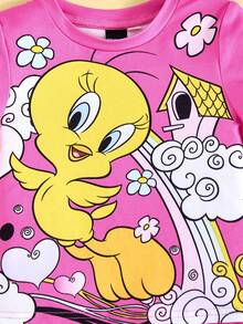 LOONEY TUNES X SHEIN 女婴卡通崔弟和彩虹印花可爱粉色休闲短袖T恤和短裤两件套 - 粉色 - 查看 4