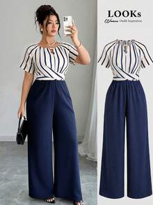 Elenzga Women's Plus Size Spring/Autumn Short Sleeve Striped Patchwork Beaded Decor Jumpsuit, Suitable For Daily And Office Wear Elegant - Multicolor - View 1