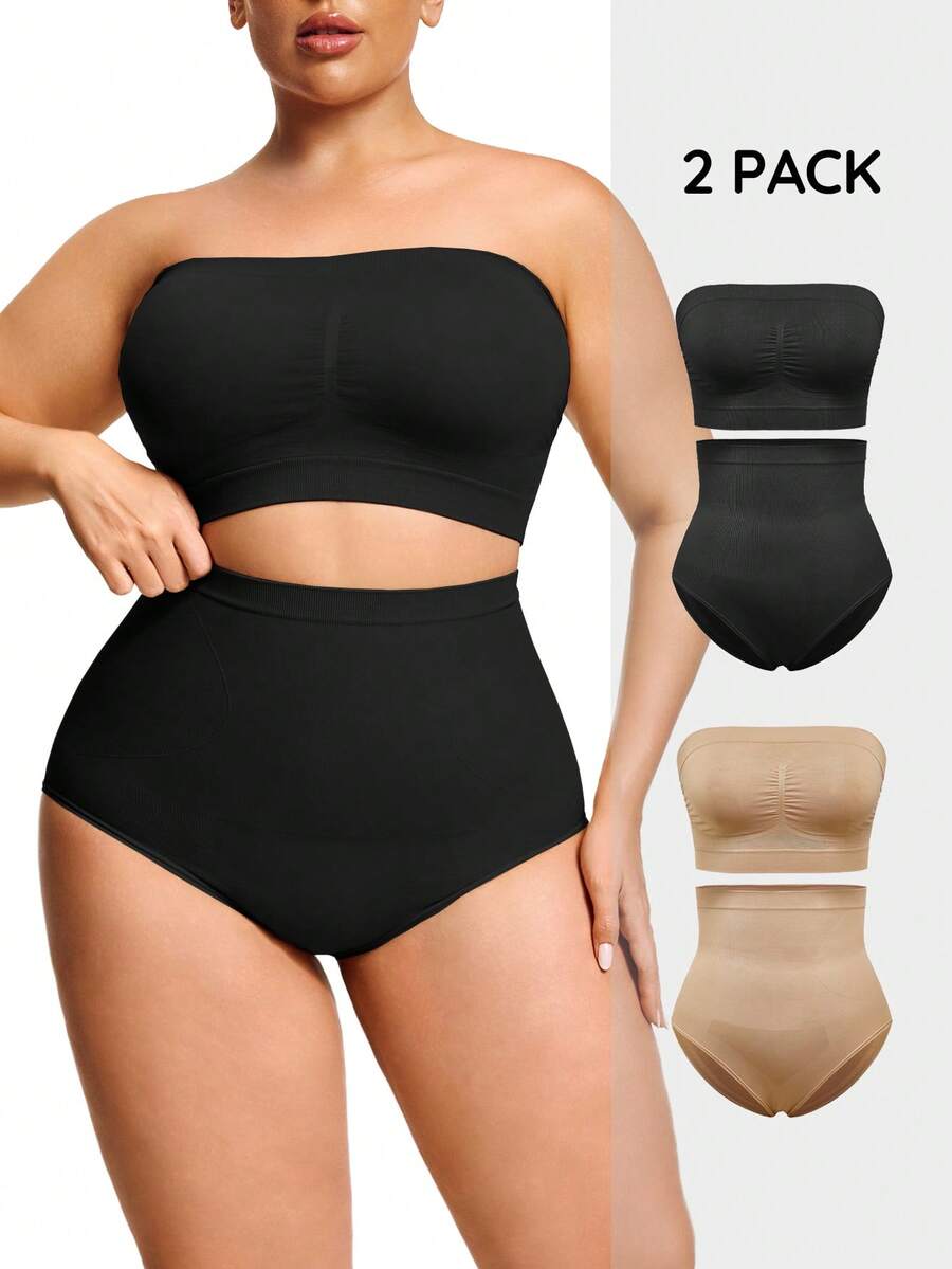 SHAPORA 2pcs Plus Size Nude Seamless Shapewear Set - Multicolor - View 1