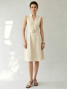 Uhlyne Uhlyne Navy Stand Collar Sleeveless Belted A-Line Cotton Blend Summer Commute & Casual Dress - Apricot - View 6