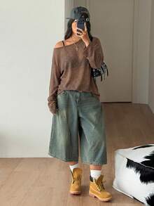 Coolane 女款大尺碼春夏哥德風 Grunge Y2K 丘比特圖案舒適不對稱領針織露肩灰色長袖T恤，X Rafael Machado Y2K 圖案T恤 - 咖啡棕 - 查看 2