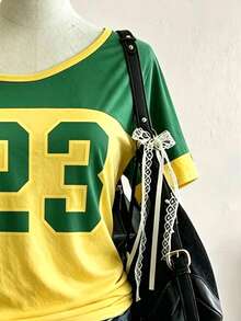 Lalippa Yellow & Green Color Block 23 Print Asymmetric Neck Short Sleeve T-Shirt - Black - View 3