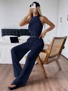 SHEIN EZwear 女款純色掛脖露背上衣與長褲時尚極簡休閒套裝 度假居家穿搭 海軍藍 夏季 - 藏蓝色 - 查看 6