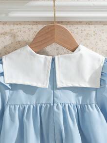 Souflis Souflis 4-7Y Young Girl' French Retro Light Blue Casual Princess Loose Comfortable Floral Embroidery Lace Trim White Contrast Collar Long Sleeve Dress Wedding - Blue and White - View 8
