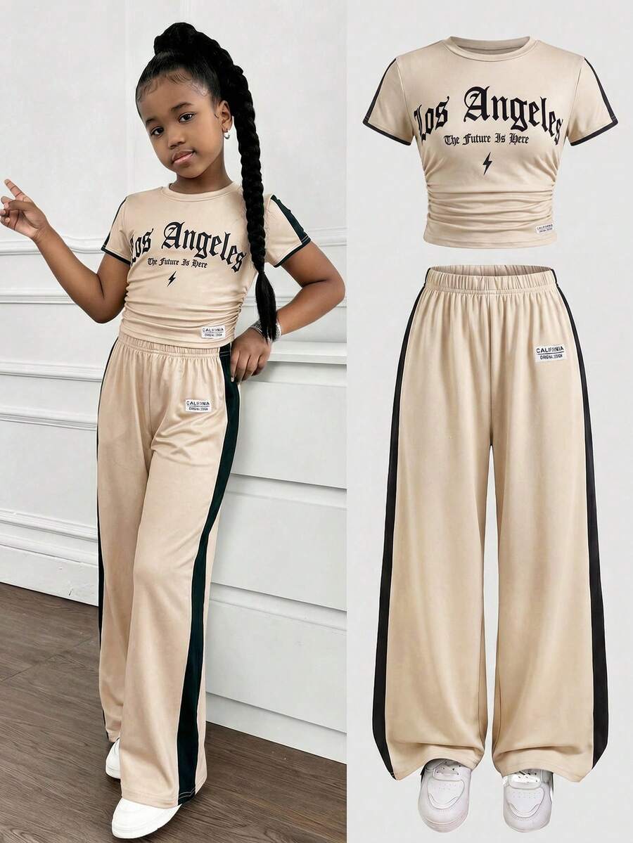 SHEIN Tween Girls Bow Knot Ribbed Print T-Shirt And Long Pants Knit 2-Piece Set Casual Daily Fashion Versatile `4th Of July - Multicolor - View 1