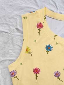 Franclia 女款彩色刺繡花卉圓領休閒日常百搭無袖背心上衣 - 淡黃色 - 查看 3