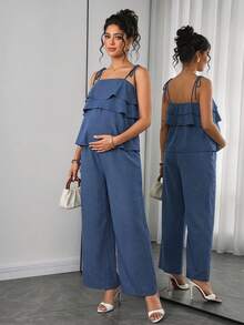 Momance Conjunto de maternidad de 2 piezas: Top con tirantes de espagueti y diseño de lazo con volantes en capas, Pantalones rectos con lazo y cintura con cordón - Azul lavado medio - Ver 3