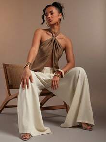Hauture Women's Sexy Abstract Print Halter Neck Backless Linen Top - Brown - View 6