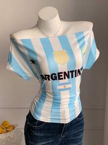 Comfortcana Striped Off-Shoulder Argentina World Cup Print T-Shirt, Jersey - Multicolor - View 3