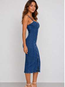 Demin Dress Tieves And Front Buttons - Dark Wash - View 3