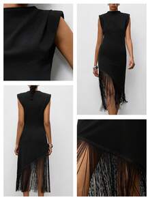 Maija Vestido midi de mujer con cuello alto, hombros anchos, bajo empoderador, flecos asimétricos, estilo vintage old money, estilo maestra, romántico, versátil, para verano, fiesta, playa, vacaciones, salida, ceremonia de graduación, blusa elegante, camisa casual, atuendo formal, trabajo, oficina - Negro - Ver 7