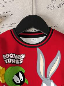 LOONEY TUNES X SHEIN 男童休闲运动风趣味卡通字母图案撞色条纹宽松套头卫衣 - 白色 - 查看 3