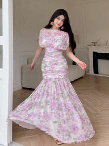 Modelyn 粉色薄紗花卉印花夏季百褶優雅高雅時尚女款長洋裝，適合外出與晚宴派對 - 紫色 - 查看 7