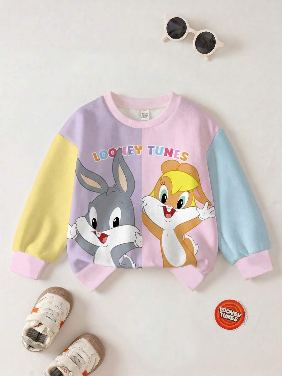 LOONEY TUNES X SHEIN 少女圆领长袖拼色舒适休闲卡通可爱英文字母图案卫衣,秋冬 - 白色 - 查看 1
