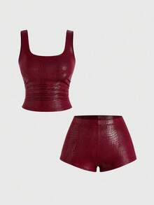 Sweetra Plus Size New Fashion Burgundy Crocodile Embossed Coated Stretch Street Style Sexy Party Nightclub Commute Daily Slim Fit Ruched Tank Top 2-Piece Set - Burgundy - View 4