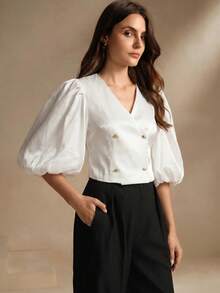 Savoree V-Neck Fashionable White Puff Sleeve Blouse For Women Office Autumn Elegant - White - View 4