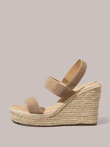 Styleloop Ladies Straw Hemp Rope Sole Electric Embroidery Upper Wedge Heel Platform Sandals Summer - Khaki - View 3