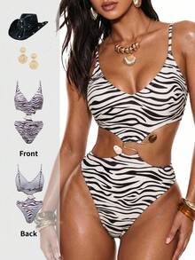 Oceva Women's Zebra Print Metal Buckle Sexy Cut Out One Piece Jumpsuit - Multicolor - View 7