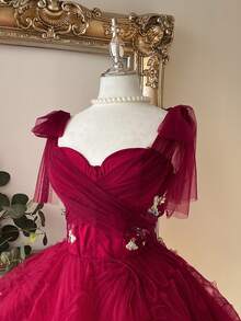 Lovelzi Elegant Light Green Mesh Strapless Bow-Tie Embroidered Floral A-Line Peplum Dress With Adjustable Back Tie,Suitable For Weddings,Proms & Graduations - Burgundy - View 7