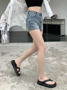 DAZY 女款亮片裝飾高腰牛仔短褲 城市度假 深藍色 夏季休閒街頭風 可愛上衣 日常外出穿搭 - 霧霾藍 - 查看 3