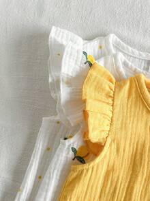 SHEIN Vintaside Kids 女嬰 6件/3套田園休閒風檸檬波點圖案荷葉邊飛袖圓領上衣與配套印花短褲多件套裝，適合日常穿著、外出與度假 - 彩色 - 查看 5