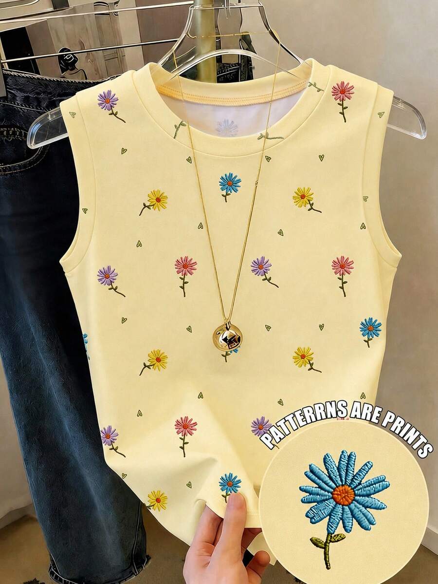 Franclia 女款彩色刺繡花卉圓領休閒日常百搭無袖背心上衣 - 淡黃色 - 查看 1