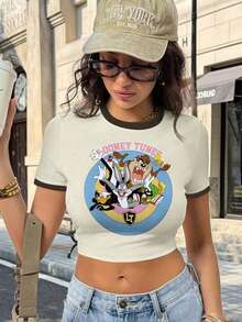 LOONEY TUNES X SHEIN Women's Tight-Fit Full-Print T-Shirt - White - View 3